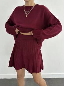 EURMUSE Women's Rich Burgundy Knitwear Set – Cozy Sweater With Matching Skirt For A Timeless Chic Look