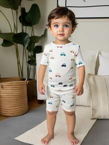 2pcs Infant/Toddler Boys Cute Car Print Tight-Fit Short Sleeve T-Shirt And Shorts Pajama Sets, Snug Fit