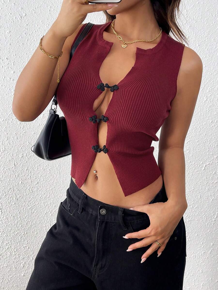 كنزة صوفية نسائية موضة أنيقة بأزرار مفرغة بلا أكمام، بتصميم محبوك، مناسبة للخريف والشتاء - الأحمر - مشاهدة 1