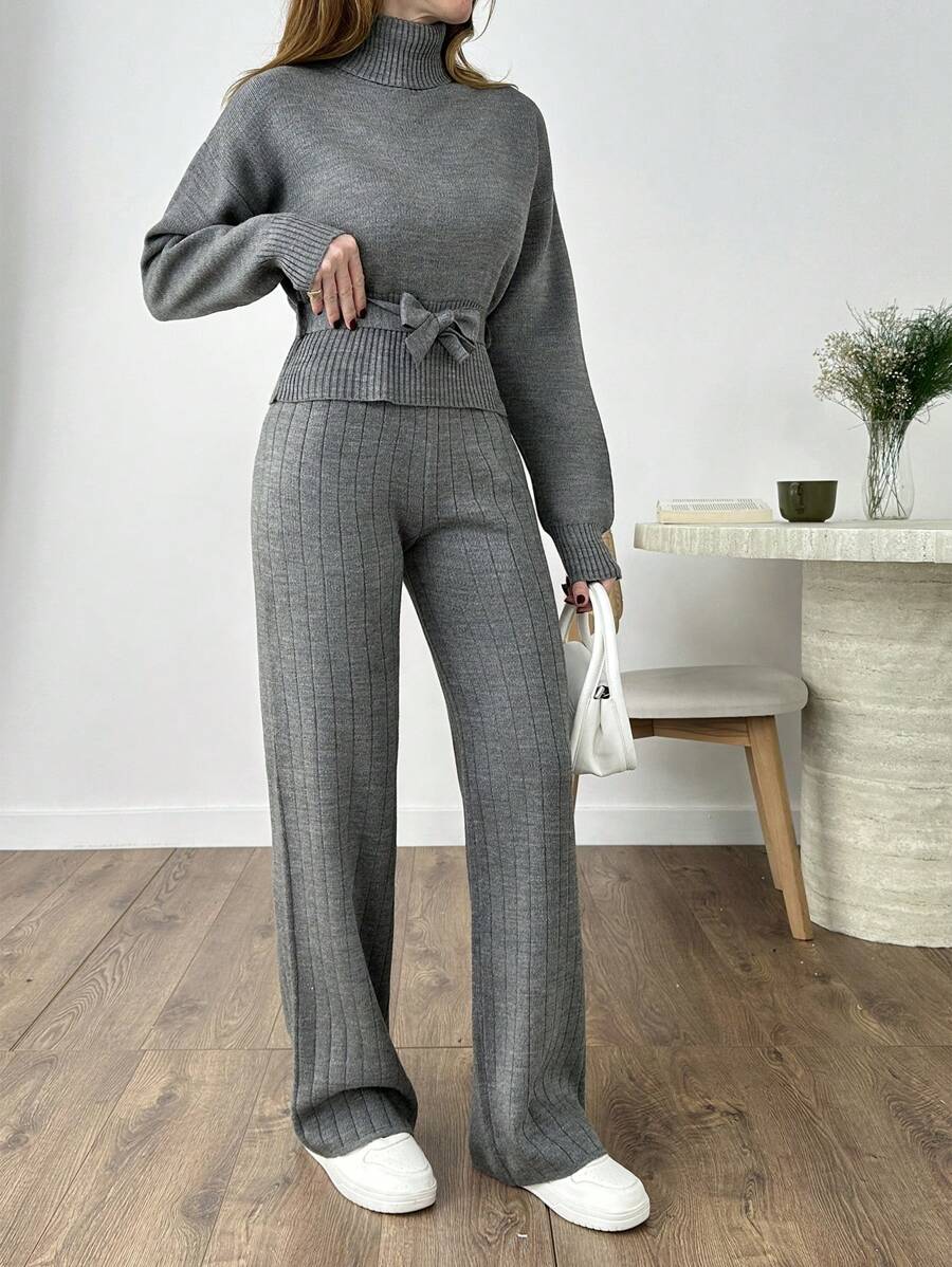 EURMUSE 2pcs High Neck Sweater With Tie And Long Knit Pants Set - Grey - View 1