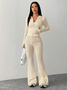 SHEIN PETITE Set de 2 piezas de chaqueta con capucha y pantalones de unicolor, conjunto casual