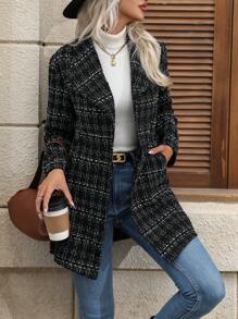 Chiquease 格纹印花翻领单排扣口袋厚花呢面料长袖外套