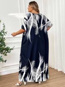 SHEIN CURVE+ Spring And Summer Autumn And Winter Elegant Navy Blue Woven Notched Kaftan Dress Plus Size Dresses - Navy Blue - View 4