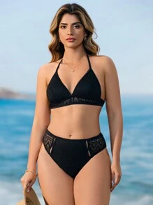 SHEIN Swim Summer Black Lace Double Layer Sexy Bikini Set - Black - View 5