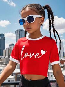 SHEIN Cute Red Heart Print Crop Top For Tween Girls Summer Casual Short Sleeve,Holiday,Summer,Travel - Multicolor - View 1