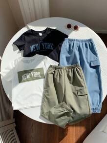 SHEIN Bộ 4 áo thun dệt kim cổ tròn tay ngắn in chữ thường ngày cho bé trai có túi và quần dệt cạp chun rộng rãi, 2 kiểu, thích hợp mặc đi học, làm vườn, đi biển, sinh nhật, xuân/hè/thu/đông - Nhiều màu - Xem 5