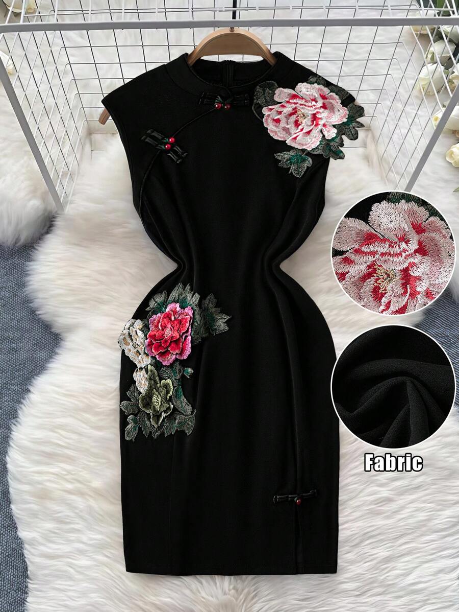 SHEIN Clasi Váy sườn xám phong cách Trung Hoa cỡ lớn cho nữ - màu đen - Xem 1
