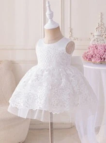 Glamorique Kids Infant & Baby Girl Lace Embroidered Tulle Dress, Elegant Satin Bow Princess Party Wedding Ceremony Events Dress - Beige - View 1