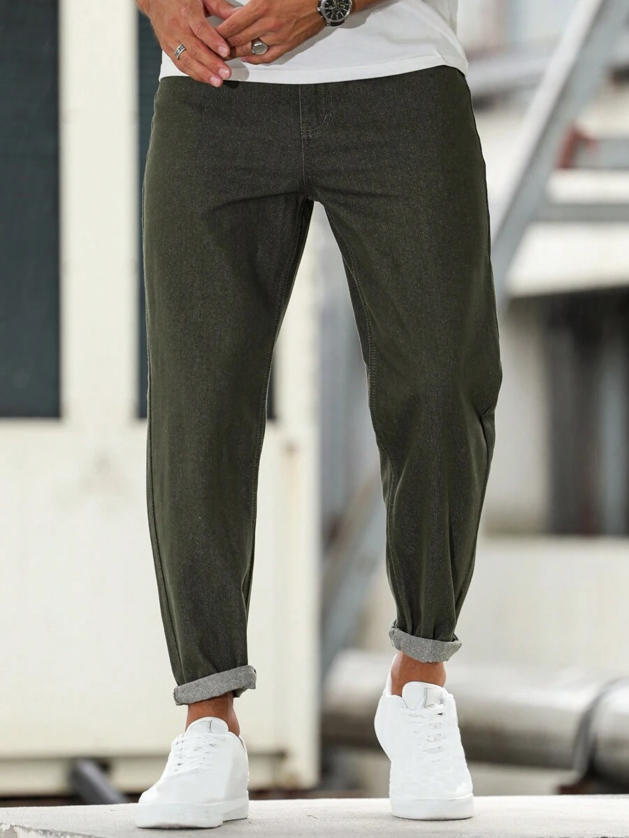 Manfinity Homme Men's Casual Simple Solid Color Skinny Fit Jeans - Army Green - View 1