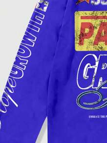 ROMWE MEN Prep Men's Letter Print Long Sleeve Baseball T-Shirt, Suitable For Everyday Wear, Spring/Summer - Blue - View 4