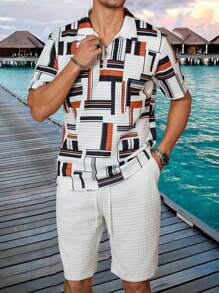 Manfinity Homme Men's Zipper Front Short Sleeve Casual Polo T-Shirt And Shorts 2 Pieces Set - Multicolor - View 4