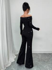 Elenzga 黑色露肩优雅简约修身连体裤，适合约会、聚会、春季 - 黑色 - 查看 2