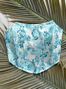 Soleia 女士水彩花卉印花弹力面料露肩夏季度假连衣裙适合毕业季和婚礼季 - 藍色 - 查看 3