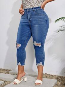 EMERY ROSE Pantalones vaqueros casuales de talla grande para mujer, con bolsillos, ceñidos y rotos, tipo pierna recortada - Azul lavado medio - Ver 5