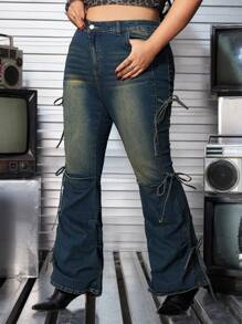ROMWE Grunge Punk Y2K Retro Distressed Bowknot Ruched High Stretch Plus Size Flare Leg Jeans - Blue - View 5