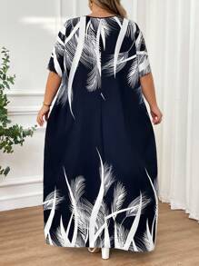 SHEIN CURVE+ Spring And Summer Autumn And Winter Elegant Navy Blue Woven Notched Kaftan Dress Plus Size Dresses - Navy Blue - View 2