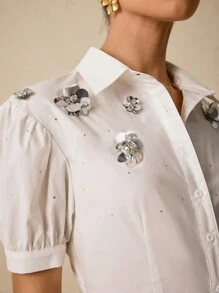 Poéselle Elegant White Cuffed Blouse Embellished With Floral Decorations - Perfect For Stylish Office Looks, Upscale Parties And Fashionable Suits, Office Women's Clothing - White - View 3