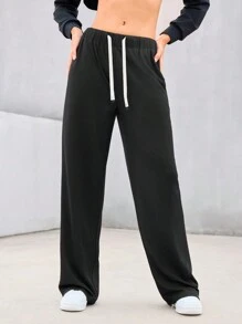 SHEIN Sports Damen Lässig einfarbige Jogginghose mit Tunnelzug Taille - Schwarz - Übersicht 5