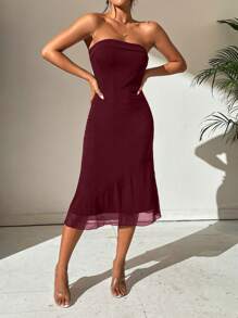 Firerie Vestido sin mangas de unicolor de mujer con doble capa de tela de malla