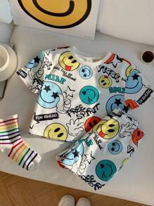 SHEIN Baby Boy Cartoon Print Short Sleeve T-Shirt And Elastic Waist Shorts 2pcs Set, Summer - Multicolor - View 4