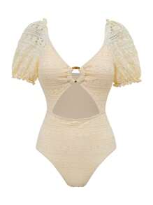 SHEIN Swim Solid Lace Puff Sleeve V-Neck Wireless One-Piece Swimsuit, Cute Swimwear For Women For Summer Beach Vacation