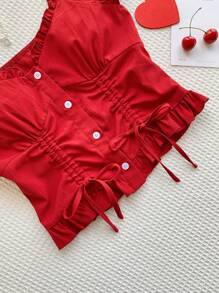 Comfortcana Women's Solid Color Ruffled Short Puff Sleeve Single-Breasted Drawstring Blouse, Valentine's Day Gifts