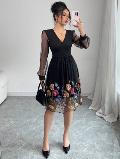 Chiquease Vestido mini cruzado con cuello de malla bordada para mujer, con estampado floral asimétrico, para primavera/otoño