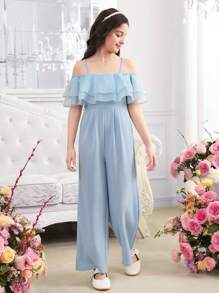 SHEIN Leap Crew Tween Girls' Off Shoulder Organza Ruched Layered Wide Leg Jumpsuit, Blue Jumpsuit, Suitable For Graduation Prom, Birthday Party, Flower Girl, Mommy And Me Matching Outfits - Dusty Blue - View 7