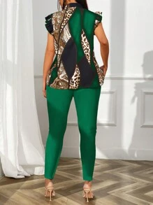 SHEIN Clasi Damen Patchwork Leoparden Paisley Muster Hemd mit einfarbiger Hose 2-teiliges Set (Gürtel ist Zubehör)