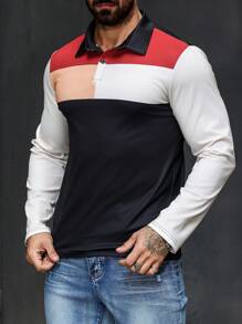 Manfinity Homme Men's Casual Daily Wear And Vacation Attire, Featuring An INS-Style Long-Sleeve Polo Shirt, Vintage Creative Polo Shirt In Color-Blocked Black, White, Red, And Khaki Prints. This Shirt Includes A Button Placket And Is Suitable For Refreshing Top In All Seasons. It's Perfect For Hawaiian Beach Vacation And Great For Couple Looks, Making It An Excellent Gift Idea For Boyfriends Or Husbands - Multicolor - View 5