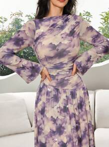 Modelyn Women's Batik Printing Round Neck Long Sleeve Pleated Ruffle Hem Elegant Dress