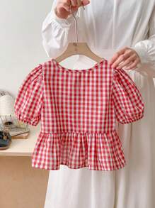 SHEIN LMoss Kids 女童春夏舒适红色格子编织蝴蝶结细节泡泡袖衬衫，情人节、上学日常穿着、度假、节日，母女姐妹装。 - 彩色 - 查看 2