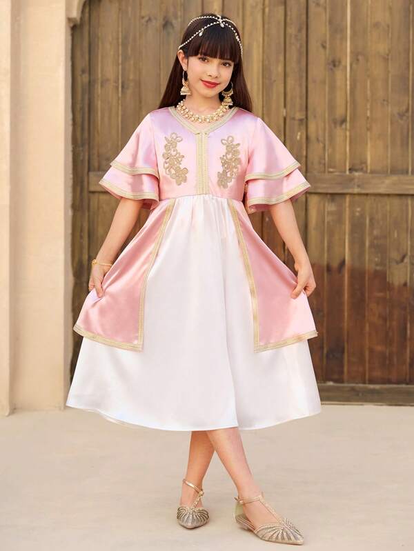 SHEIN Vestido informal de niña preadolescente y niña pequeña con estampado de pata de gallo y bloques de color con ribete de volantes, adecuado para el verano, se puede usar como prenda exterior o para capas, material suave y cómodo apto para ocasiones casuales, salidas, vacaciones, escuela