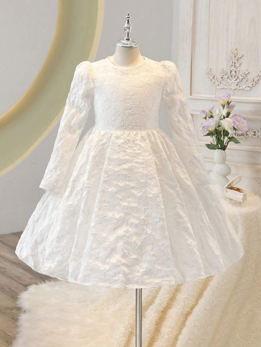 SHEIN 花童镂空羊腿袖短款公主裙，婚礼派对，生日，舞台表演 - 白色 - 查看 1