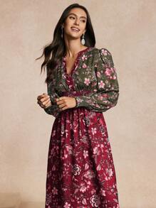 Chiquease 女士修身拼接印花连衣裙，优雅修身长款女士服装