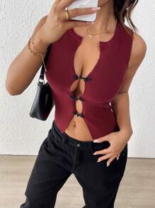 كنزة صوفية نسائية موضة أنيقة بأزرار مفرغة بلا أكمام، بتصميم محبوك، مناسبة للخريف والشتاء - الأحمر - مشاهدة 6