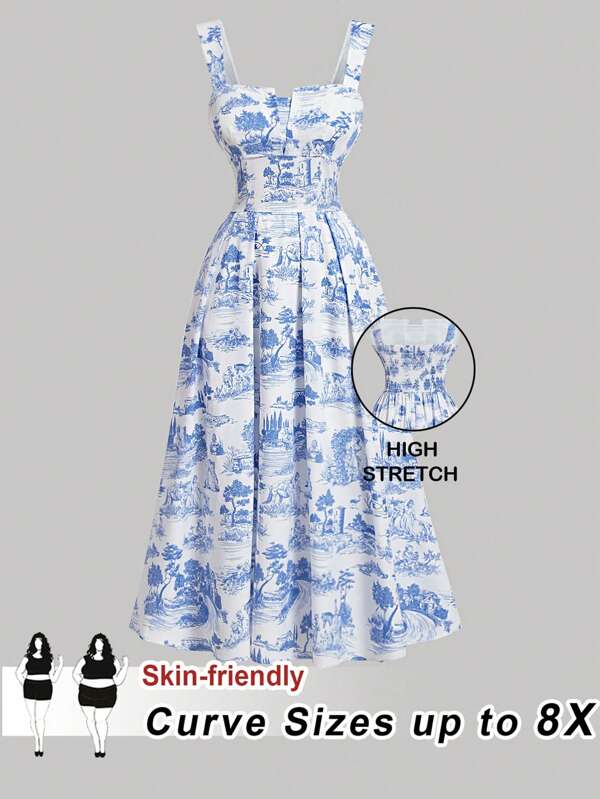 SHEIN CURVE+ فستان طويل مطبوع بطبعات زهرية فينتاج على طراز قصر أزرق للسيدات كبيرات الحجم، ملابس نسائية فينتاج، فساتين صيفية عصرية للعطلات