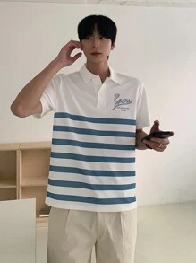 DAZY Summer Men's Abstract Letter Printed Striped Polo Shirt - Blue and White - View 5