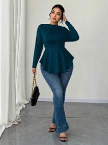 SHEIN Unity Plus Size Women Off Shoulder Long Sleeve A-Line Waist T-Shirt - Teal Blue - View 5