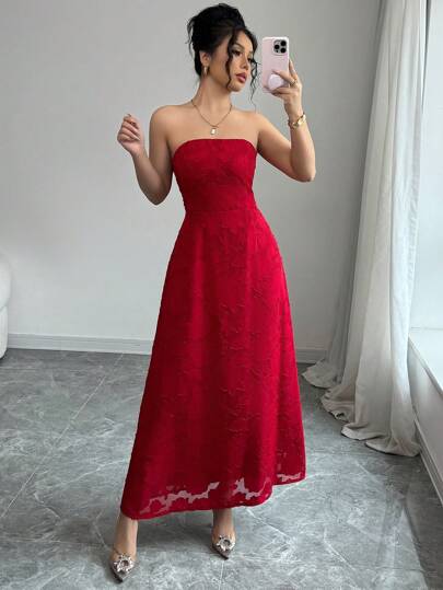 Elenzga 经典红色镂空花卉印花休闲日装，简约时尚