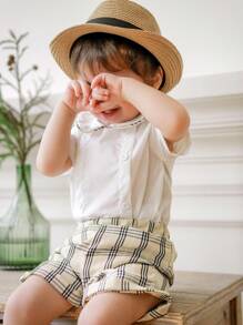 Souflis Souflis Set de 2 piezas para niños: Camisa de manga corta con cuello + Pantalones cortos a cuadros de cintura elástica, conjunto casual y versátil para uso al aire libre - Multicolor - Ver 7