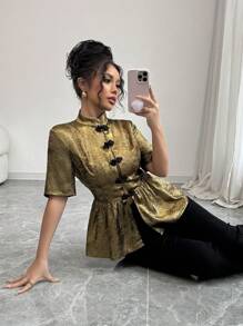 SHEIN Unity Elegant Stand Collar Metal-Colored Non-Stretch Short Sleeve Cinched Waist Blouse For Women, Spring/Summer - Bronze - View 4