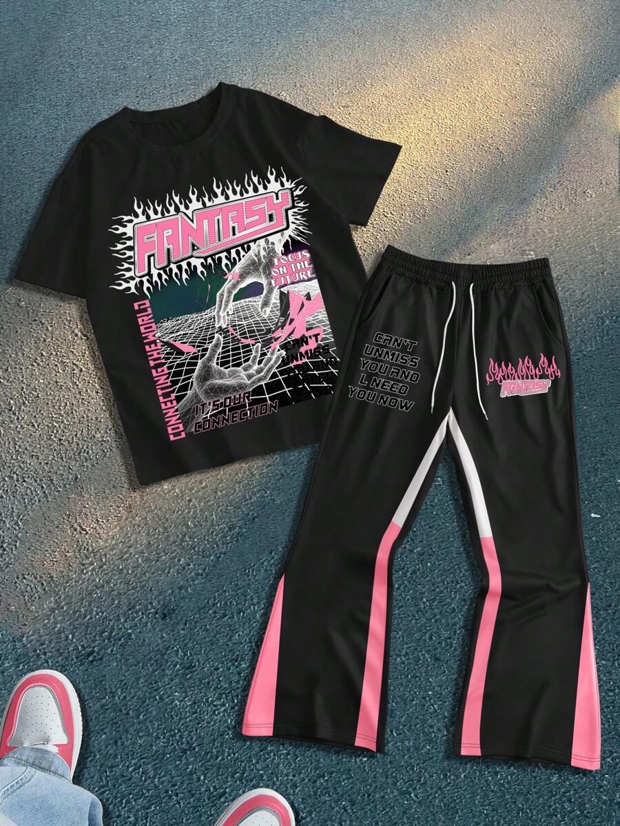 Manfinity EMRG Men's Slogan Print Short Sleeve T-Shirt And Pants Set Streetwear Set Men