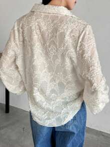 FRIFUL Women's Loose Fit Long Lace Embroidered Blouse Shirt