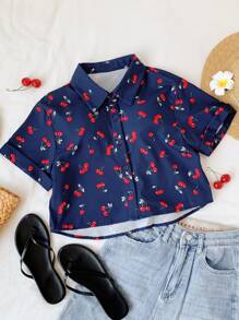 Comfortcana Camisa Solta de Manga Curta Casual com Estampa de Cereja Feminina, Verão Férias - Azul Royal - Visão 3