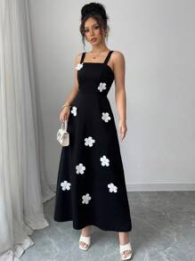 Elenzga Women's Wide Strap 3D Floral Decor Casual Dress