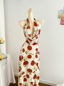 Soleia New Spring/Summer Backless Rose Floral Print Long Elastic Mesh Dress, With Halter,Western Wear Women,Festival,Boho ,Bohemian - Multicolor - View 3