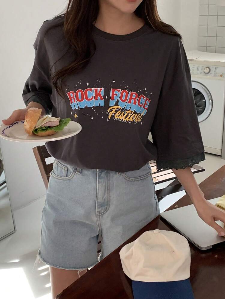 Women's Round Neck Printed Lace Patchwork Short Sleeve T-Shirt Graphic Tee