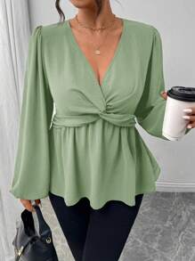 Firerie Plus Size Casual Twist Front A-Line Long Sleeve Shirt, Green - Mint Green - View 3