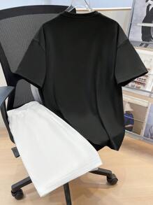 SHEIN Teen Boys Patchwork Decor Short Sleeve T-Shirt & Cargo Shorts 2 Pieces Set, Casual School Street Wear, Comfortable & Practical Daily, School, Outdoor, Sport Suitable